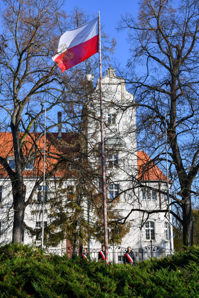 Flaga biało-czerwona na maszcie. W tle znajduje się Pałac.