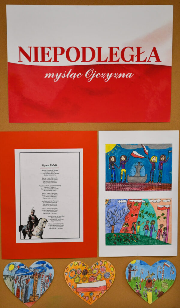 Gazetka szkolna z sercami i rysunkami w barwach biało-czerwonych.