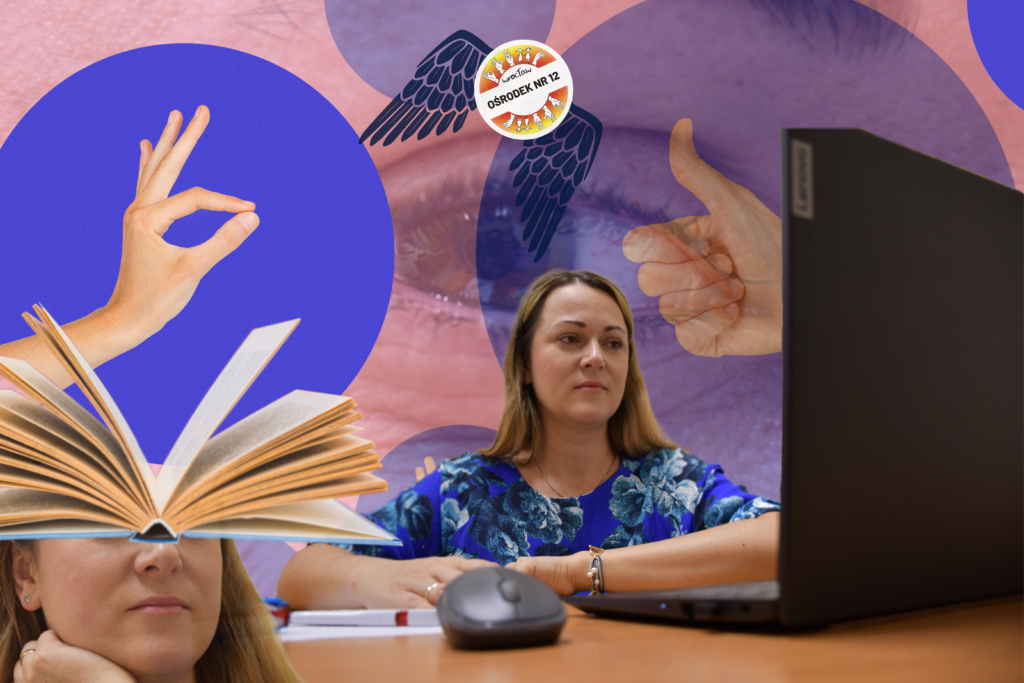 Kobieta pracująca przy laptopie przy biurku, w tle kolorowa grafika z motywem książki, dłoni i symboli komunikacji.